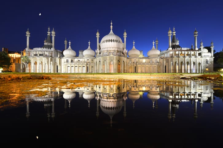 The Brighton Pavilion by (with) Moonlight and floodlight reflected