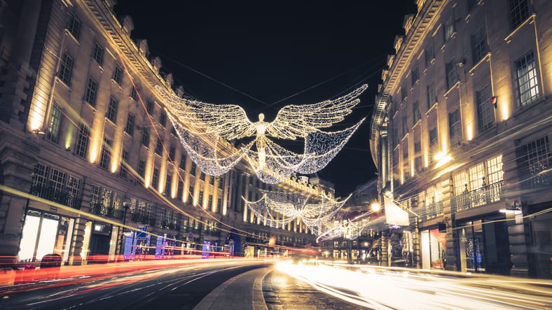 Regent Street Angels Holiday Lights with Car Light Trails in London, United Kingdom