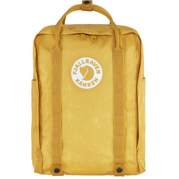 Yellow backpack with white logo
