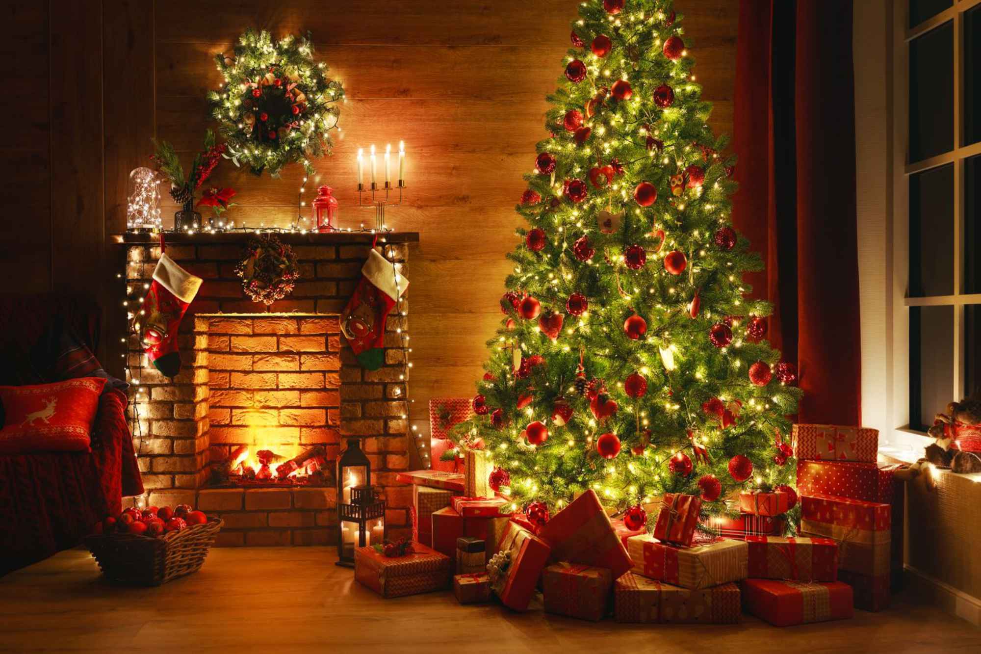 Christmas tree and decorations in a cosy living room