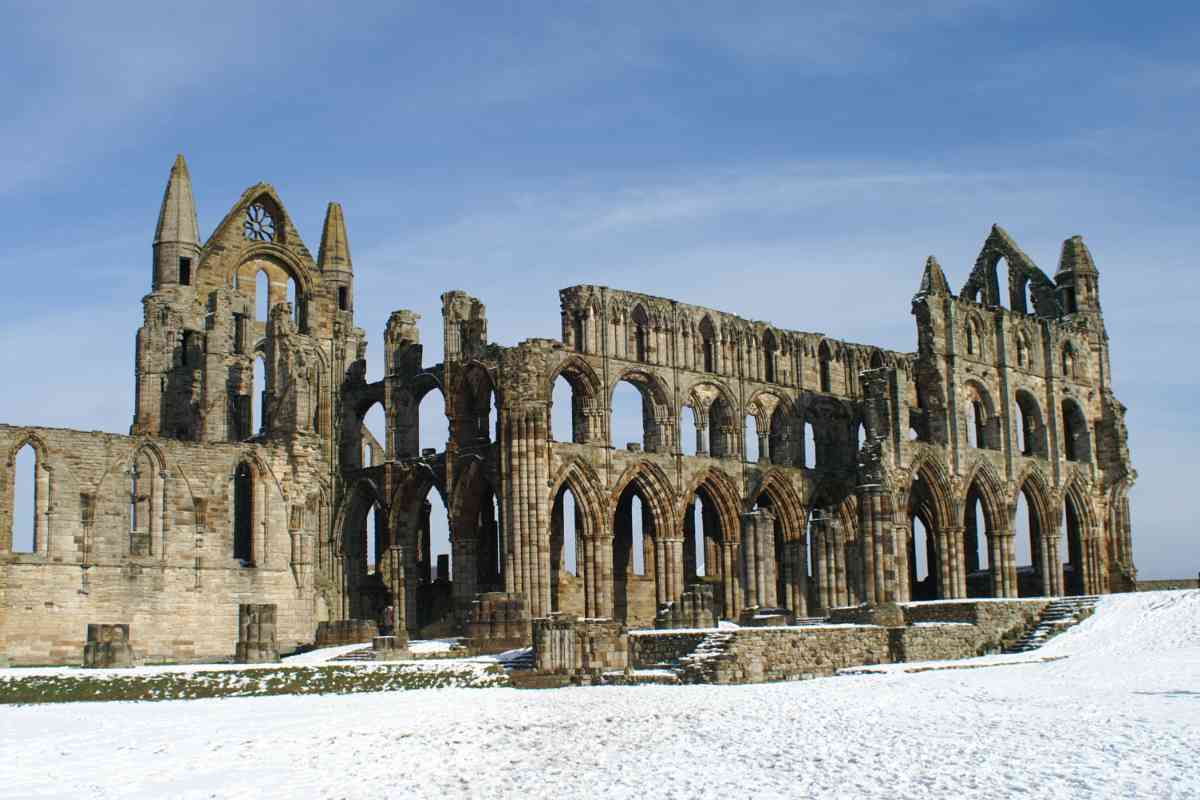 Whitby Abbey in the colder months with snow surrounding 