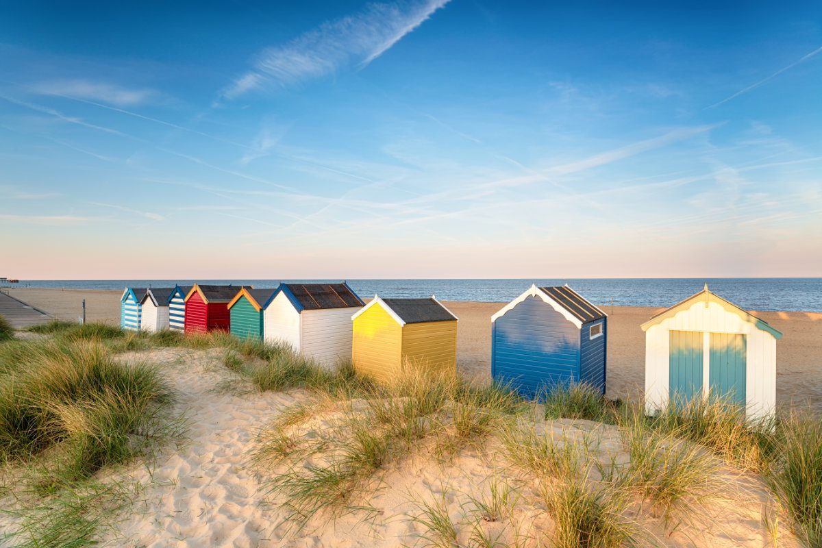 Beach huts in sand dunes at Southwold