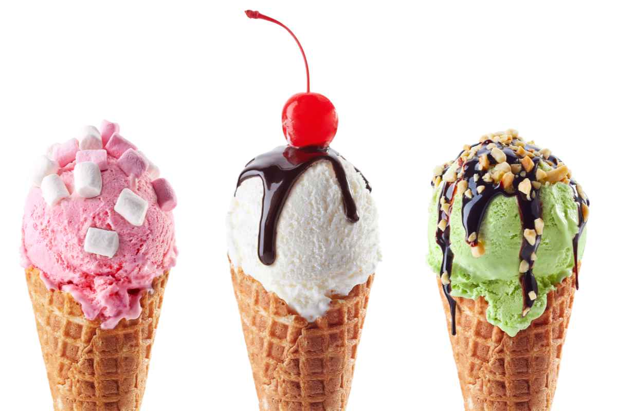 Set of three various ice cream scoops in waffle cones