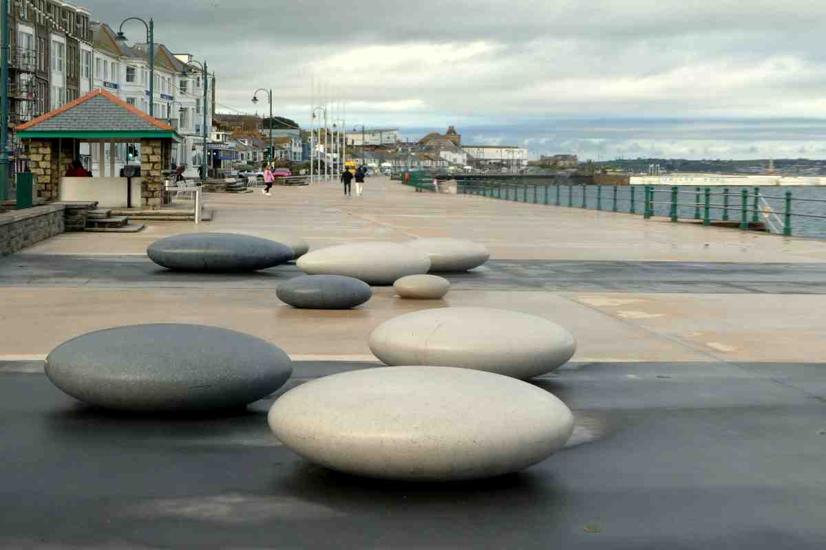 Giant pebbles on the promenade in Cornwall