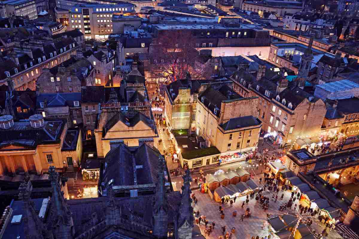 Aerial view of historic Christmas Market in Bath 
