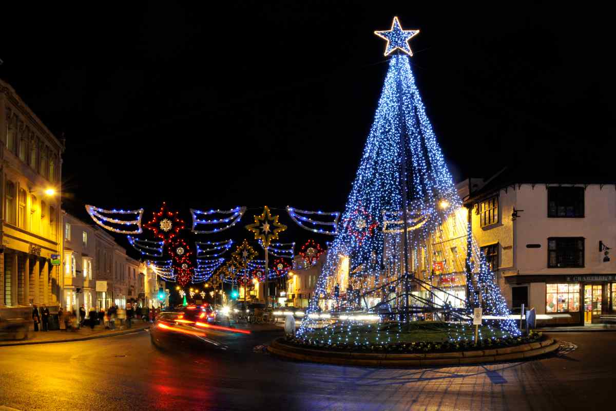 Christmas decorations in street, Stratford upon Avon, UK