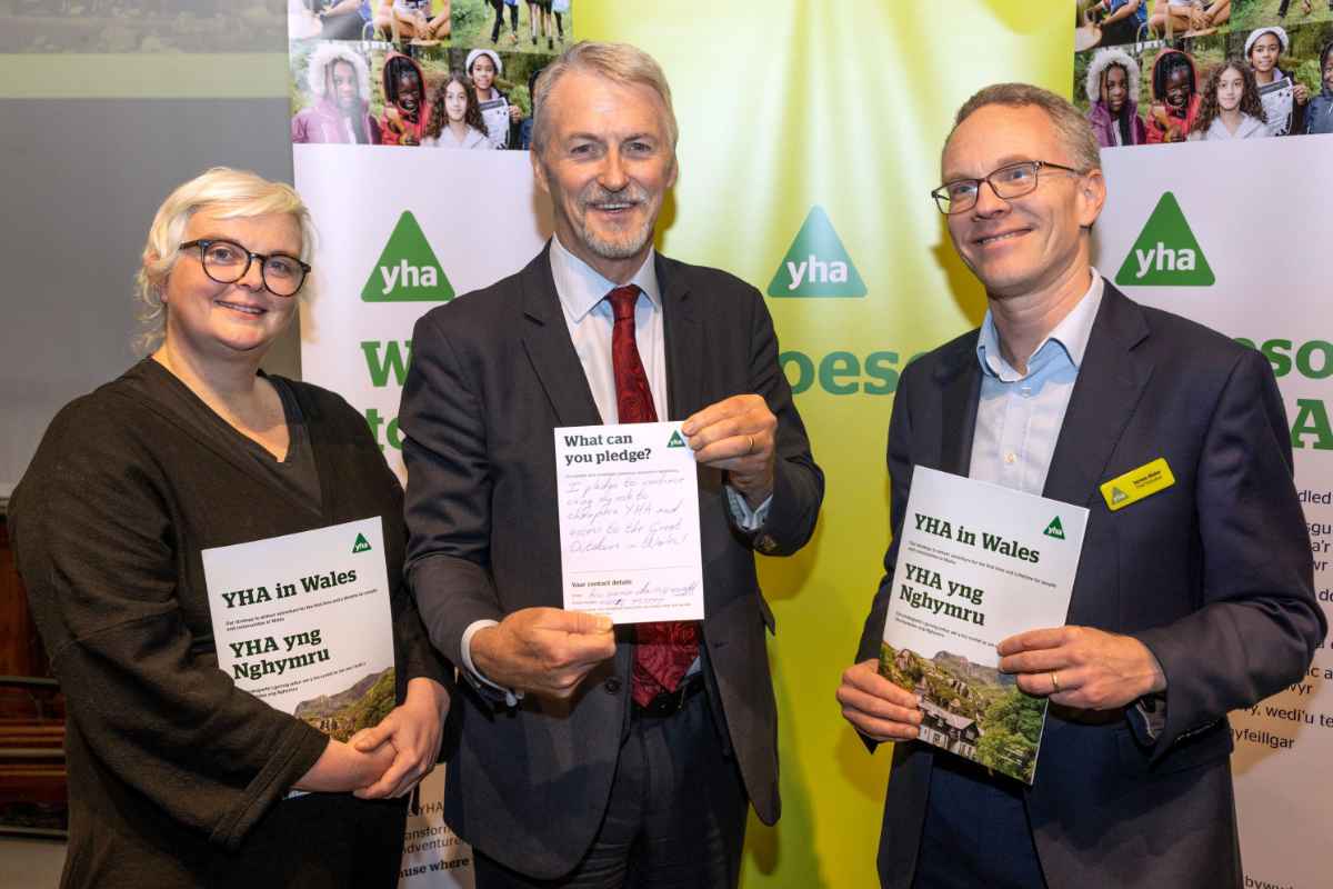 Emma Robinson YHA Development Manager of Wales,  Huw Irranca Davies and CEO of YHA James Blake